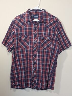 Wrangler Western Shirt Mens XLT Tall Plaid Snap Button Short Sleeve Pearl Snap
